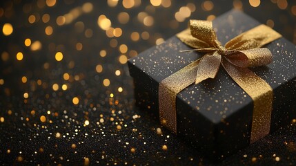 Gift box and golden ribbon on black background with glitter. Black friday sale concept. Banner 