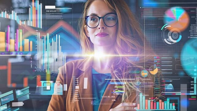 Data Driven Success: Confident businesswoman navigating the world of data, surrounded by vibrant visualizations and graphs. Her determined gaze reflects the power of information and insights in achiev