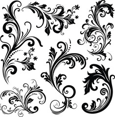 Set of seven black floral decorative elements charcoal doodle scribbles including scrolls flourishes and swirls perfect for wedding invitations scrapbooking crafts vintage designs