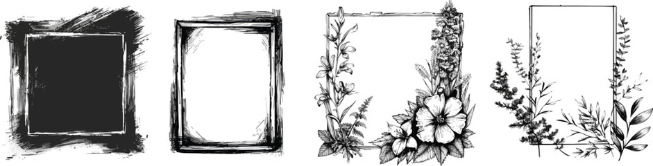 Charcoal Doodle Scribble Grunge Frame Floral Borders Vintage Hand Drawn Sketch Illustrations Clipart Digital Download Design Elements Wedding Invitations Logos Scrapbooking DIY