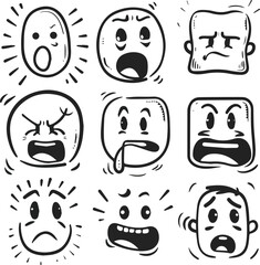 Charcoal Doodle Scribble Set of Nine Hand Drawn Facial Expressions in Diverse Emotions Including Sad Happy Angry Surprised Tired Fearful Comic Style Icon Illustrations