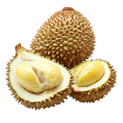 Fototapeta premium Three durians lay on a PNG surface with two open, revealing their rich, creamy flesh inside the spiky shells, durian fruits on transparent background