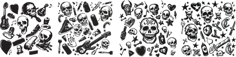 Charcoal doodle art rock music skull guitar and skateboard designs in style perfect for graphic design projects and creative s showcasing edgy elements