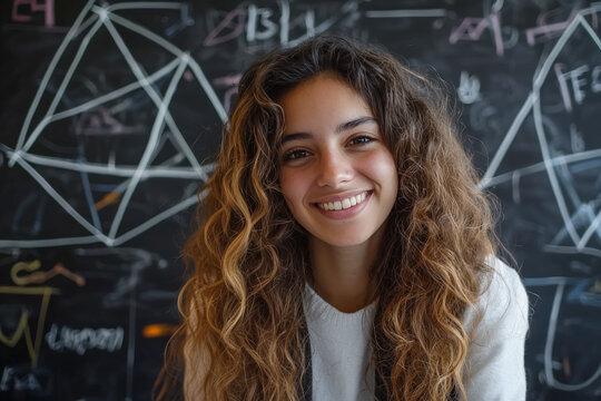 Joven profesora latina con cabello largo rizado casta&ntilde;o,sonriendo a c&aacute;mara, con fondo de pizarra negra de un aula de colegio con numeros y dibujos geometricos