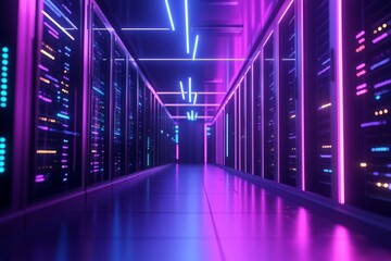 Fototapeta premium Futuristic Data Center with Purple and Blue Illuminated Server Racks