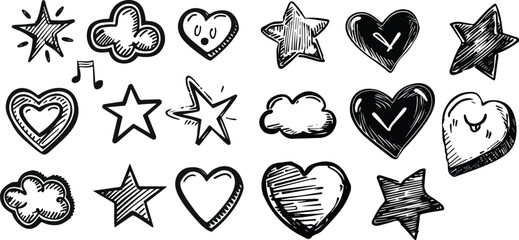 Charcoal Doodle Scribble Hand Drawn Stars Hearts Clouds Graphic Elements Set for Scrapbook Decoration Black White Clipart Collection Love Romantic Design Wedding Invitation Card Making