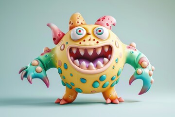 Fototapeta premium 3D monster character with bold colors standing against a white background under studio lighting.