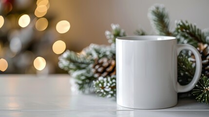 White Blank Mug Mockup with Minimalist Christmas Wreath in Background