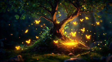 Whimsical enchanted forest with mystical creatures, hidden wonders, magical allure, whimsical charm, pencil illustration, high-quality, clipart :: sparkling fireflies, moss-covered trees, secret