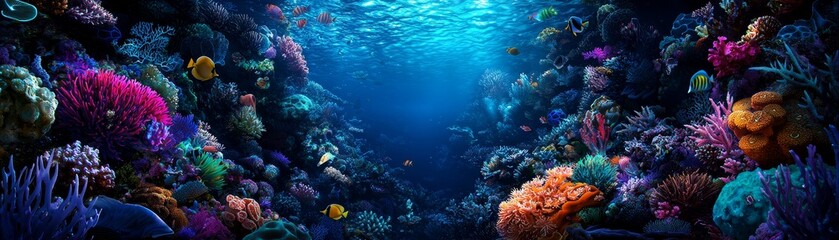 Naklejka premium Whimsical underwater world with colorful coral reefs, playful marine life, hidden treasures, aquatic enchantment, pencil illustration, high-quality, clipart :: seahorses, tropical fish, mermaids,