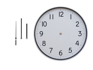 Disassembled Analog Wall Clock with White Face and Detached Black Hands - Isolated on a White Background