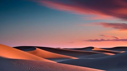 A serene desert landscape at dusk, with rolling sand dunes casting long, sinuous shadows that stretch towards the horizon, set against a vibrant sky transitioning from a soft cerulean blue at the top 