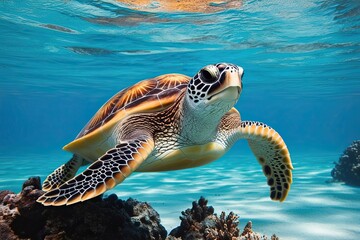 Obraz premium Tropical Sea Turtle Highlighted on Plain Surface Underwater