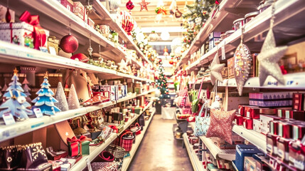Aisle filled with Christmas decorations and gifts in a festive store, showcasing a variety of ornaments, trees, and holiday items creating a joyful shopping atmosphere