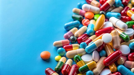 Colorful pills on blue background viewed from below