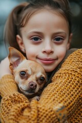 A young girl cradles a tiny dog in her arms, smiling and enjoying the moment