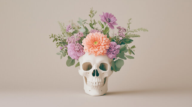 Skull Vase with Pastel Flower Bouquets for Elegant Home Decoration on Neutral Beige Background, Skull Vase with Pastel Flower Bouquets for Halloween and Day of the Dead on Neutral Beige Background