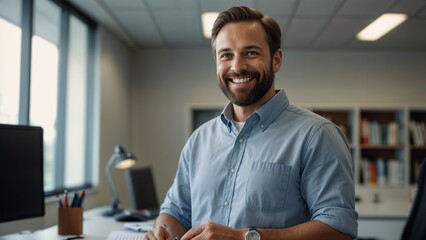 Obraz premium Confident Professional Smiling at Desk in Office