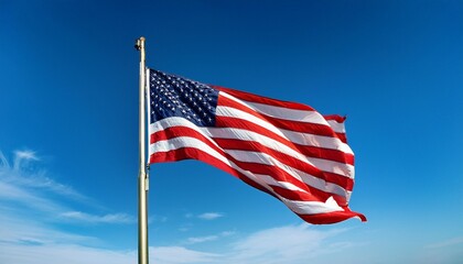 Fototapeta premium American Flag Soaring High Against Blue Sky 