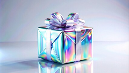 Shimmering Holographic Gift Box. A stunning, digitally rendered holographic gift box wrapped in iridescent silver foil. 