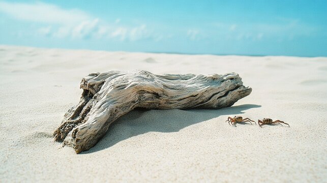   A large driftwood sits atop a sandy beach alongside a crab scuttling on the shore