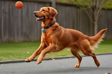 Amber Retriever Sporting a Trendy Cut Leaping to Catch a Flying Object