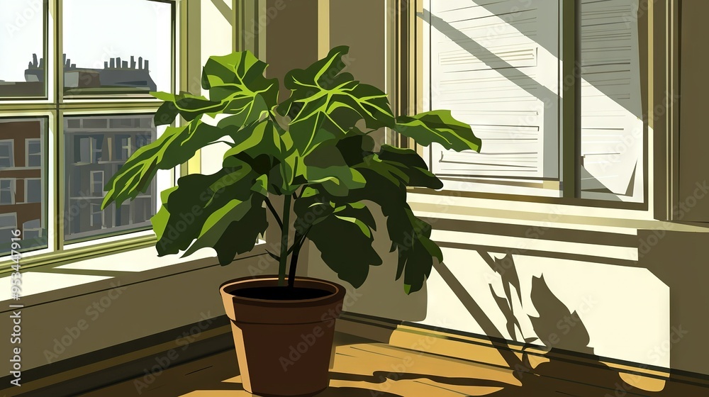 Wall mural a pot with a plant perched on wooden floor in front of window next to sill