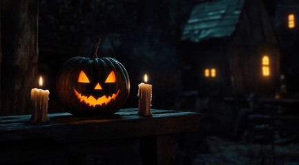 Obraz premium Halloween, citrouille avec des bougies sur une table en bois dans une pièce sombre, concept de fête d'automne effrayante.