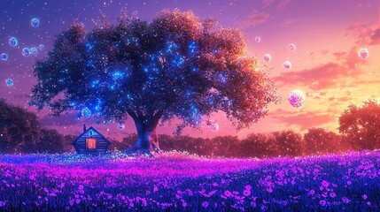   A tree and house in a field with purple flowers