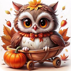 Obraz premium a cute, cartoon-style illustration of an owl. The owl has large, expressive eyes and is sitting in a small wooden cart with wheels. It is adorned with a bow around its neck and a crown of autumn leav