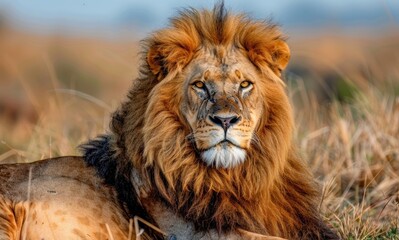 Fototapeta premium a lion standing in the open savanna, its mane catching the evening breeze. Great for eco-tourism advertisements and educational content about big cats.