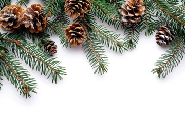 Pine cones and branches arranged on a clean white surface, perfect for designs and compositions