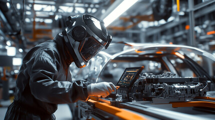 Photo of a worker wearing protective gear and a mask, holding an electrical device while working on the assembly line in an automotive factory