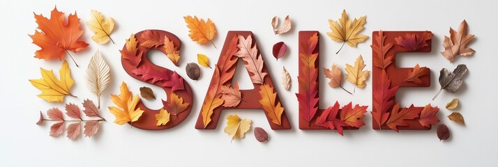 Autumn leaves forming word sale on a clean white background.