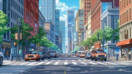 Create a background image of a busy city scene featuring tall skyscrapers, bustling streets, and a variety of buildings