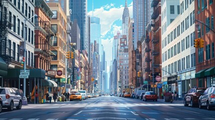 Obraz premium Create a background image of a busy city scene featuring tall skyscrapers, bustling streets, and a variety of buildings