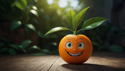 A cartoon orange with a green leaf, smiling with a friendly demeanor.
