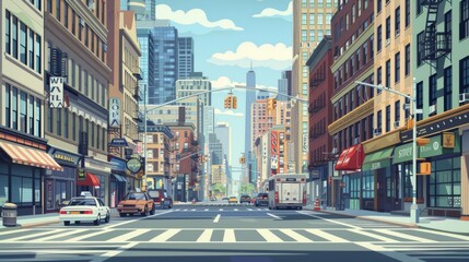 Obraz premium Create a background image of a busy city scene featuring tall skyscrapers, bustling streets, and a variety of buildings