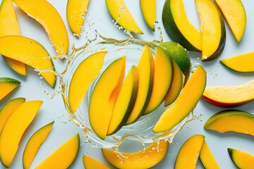 Ripe Mango Slivers Splashing on a Clear Background