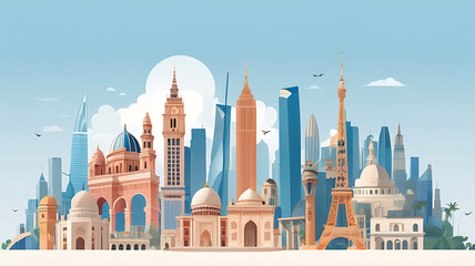 A collection of diverse architectural landmarks from different countries, each uniquely illustrated and blending together to form a global skyline on a soft, blue sky background