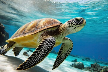 Fototapeta premium Hawaiian Green Turtle on Clear Canvas Underwater Wildlife