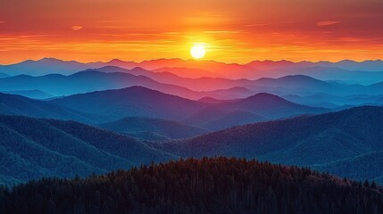   A picturesque sunset over a mountain range, with lush greenery of a forest in the foreground and the sun emerging majestically over the distant peaks - Powered by Adobe