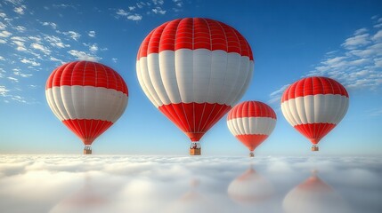Fototapeta premium Three red-and-white hot air balloons soar above a cloudy sky, with a clear blue backdrop