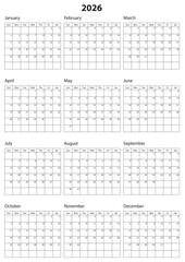 2026 Calendar Template. Vector calendar. Week starts sunday. Calendar template in minimal design