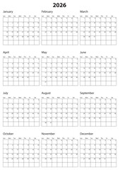 2026 Calendar Template. Vector calendar. Week starts sunday. Calendar template in minimal design