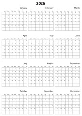 2026 Calendar Template. Vector calendar. Week starts sunday. Calendar template in minimal design