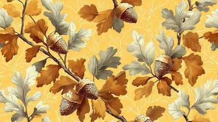   A yellow background features a painting of leaves and acorns on a branch, with a leafy pattern