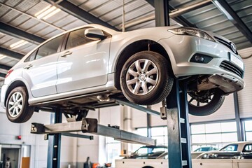 Car Service: Vehicle on a Lift in Auto Repair Shop. A silver passenger car is raised on a four-post hydraulic lift within a modern automotive repair garage. 