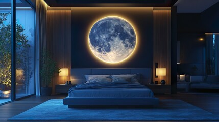 Contemporary bedroom with glowing lunar accents and soft moonlit walls