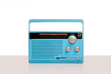Obraz premium Retro Blue Radio Receiver with Clipping Path Isolated on White Background. Front View